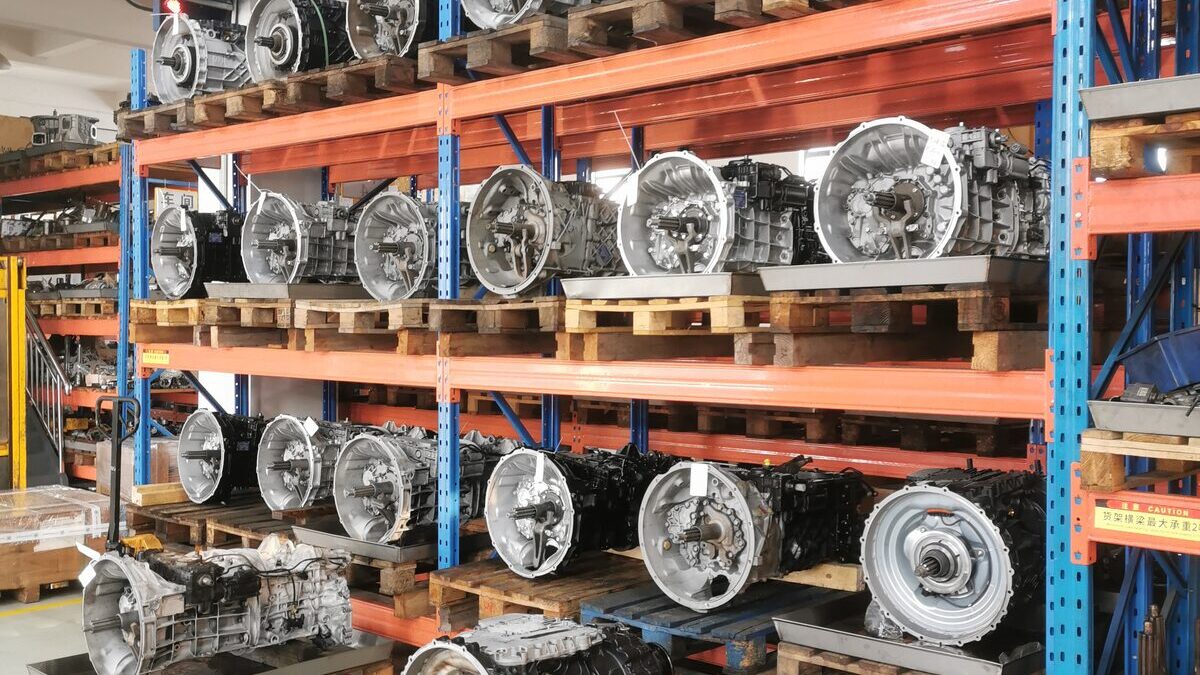 Complete gearboxes on warehouse racks