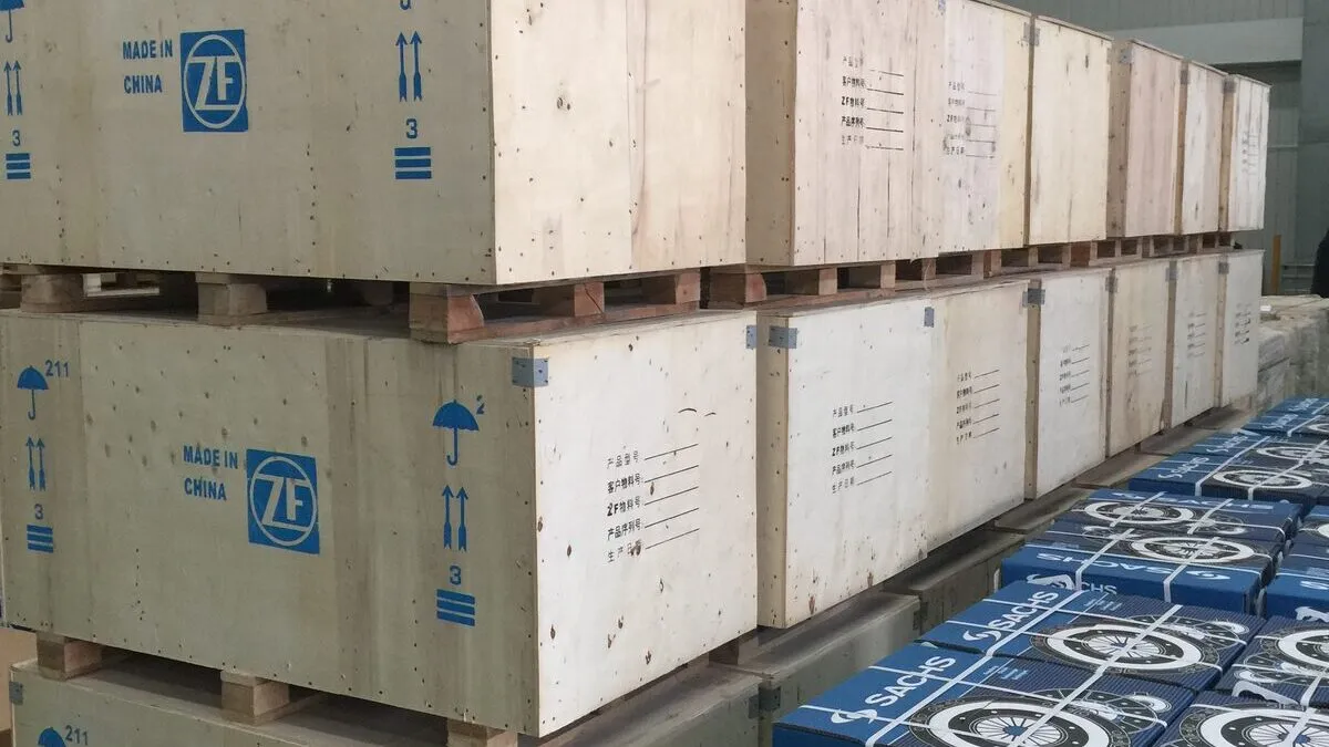 Factory crates and boxed parts in the warehouse